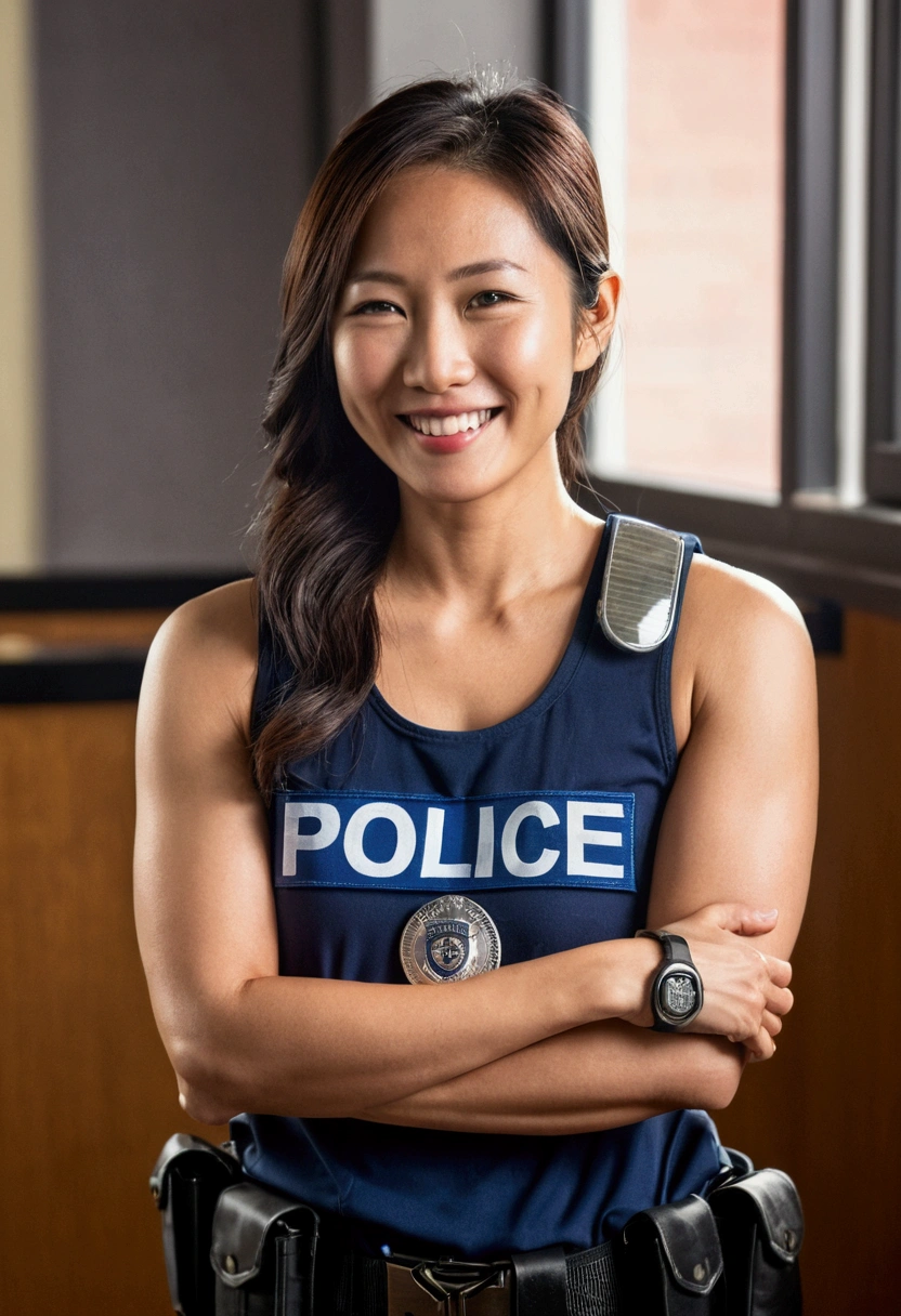 30 year old athletic asian female police officer wearing tank top taking a break at police station. toned arms. smiling.