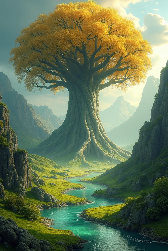 Colossal Yggdrasil with golden leaves blowing in the wind on a gigantic piece of land and water around it