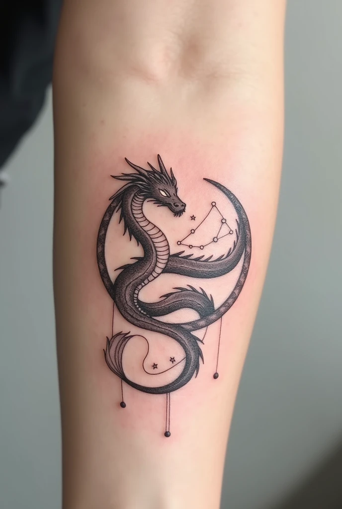 Minimalist tattoo of a dragon coiled in a circle with the constellation Virgo inside.