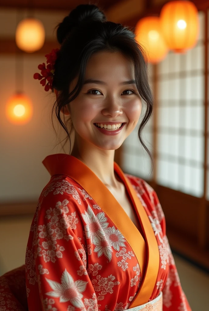 An attractive and cheerful foreign woman in a kimono invites you to have sex in a Japanese-style room