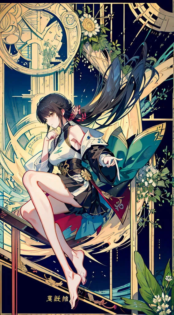 ((roll up bandage sideways on a  chest tightly to cover the chest without gaps)),  bandage samweways, the bantage is no chest shape, flat chest, ((Japanese Gangster BOSS)), adult woman with the dignified presence, Killing Qi, wear nothing around shoulder, wear nothing around neck, wear the kimono, wear it below the waist, (I wind it up to control it, and to attach it),  ((kimono come off)) ,wear the kimono multiple times, Bare shoulders and the clavicle, black and gold kimono, put on over jacket of kimono, (holding a japanese sword which shine in purple, The handole of the sword is black, and the blade is gray, long sword), eye fire, low angle, whole body, bandage is seen, anime character, Glaring, off sholder, nappropriate smile, Excellent, black blue hair, can see both shoulder, ((long kimono hem)), small face, ((some cherry blossam big tattoo on the arm)),((Sit with your legs folded)), ((background Japanese gate with circlr mark)),Muscular,drink sake,fullmoon in the sky, hide legs, The kimono is spreading,(((ultra-detailed)))