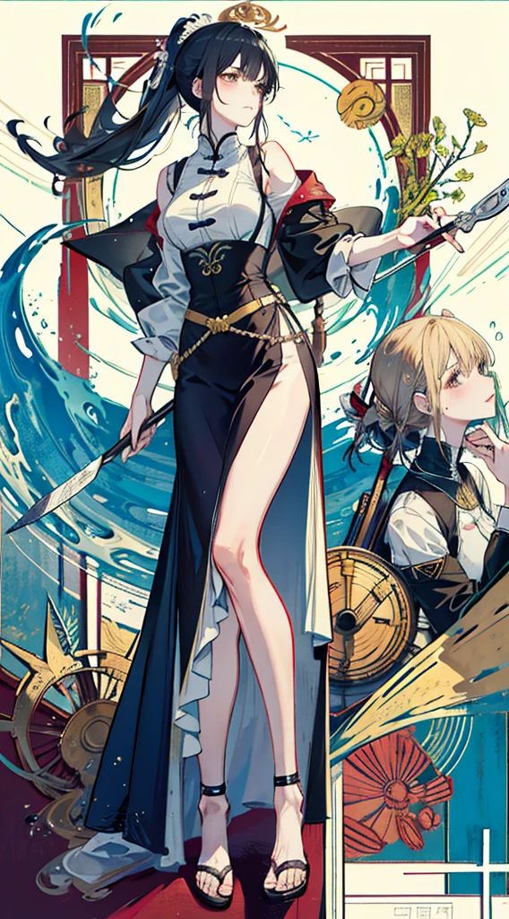 noon, In class, Two female proctors walked into the classroom, Bare shoulders, Holding a top-secret document bag, Two people wearing high-slit cheongsams、Extra large breasts,, Big Ass, Long hair, Ponytail, blond, Long-legged female invigilator, The female proctor looks at the camera, Sweating profusely, Clothes are soaked, Art Nouveau style((Xinhaicheng), CGSTATION popularity, Shinkai Makoto H 2160,Inspired by Border Guard,Shinkai Makoto,plan,Guwitz's style,High-quality images,4K,8k,solve,((Leaning against the wall,Sideways posture))