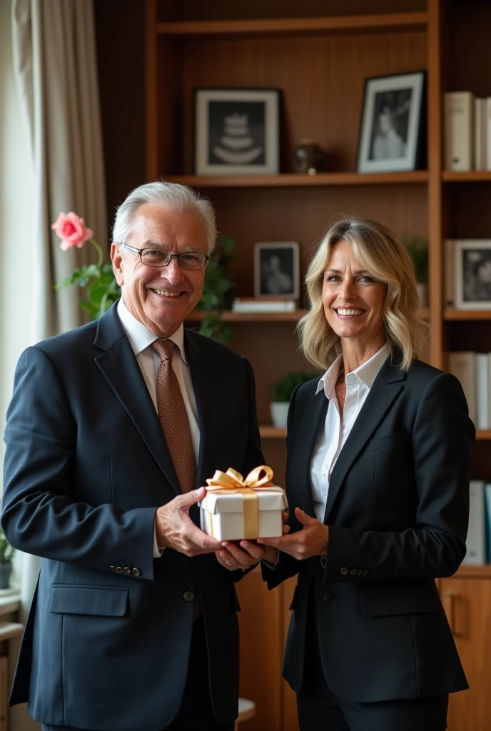 The old man boss, a middle-aged woman in a suit, holding a small, elegantly wrapped gift box. They have a kind expression, showing appreciation and sincerity.