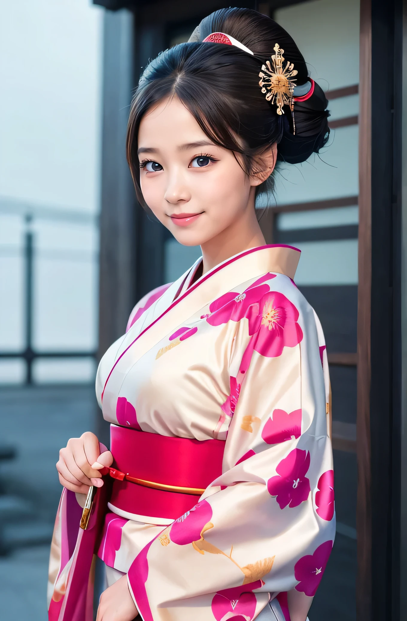 super cute girl, very cute face,clear attractive eyes, Beautiful eyes,smiling, realistic photograph,gorgeous flamboyantly colored apprentice geisha costume,
apprentice geisha costume,very beautiful kimono,
Costume lighting