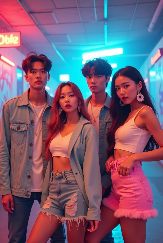 CREATE A MIXED K-POP GROUP MADE UP OF TWO MEN AND TWO WOMEN WITH A THEME OF BEING BOTH RUDE AND CUTE AT THE SAME TIME



