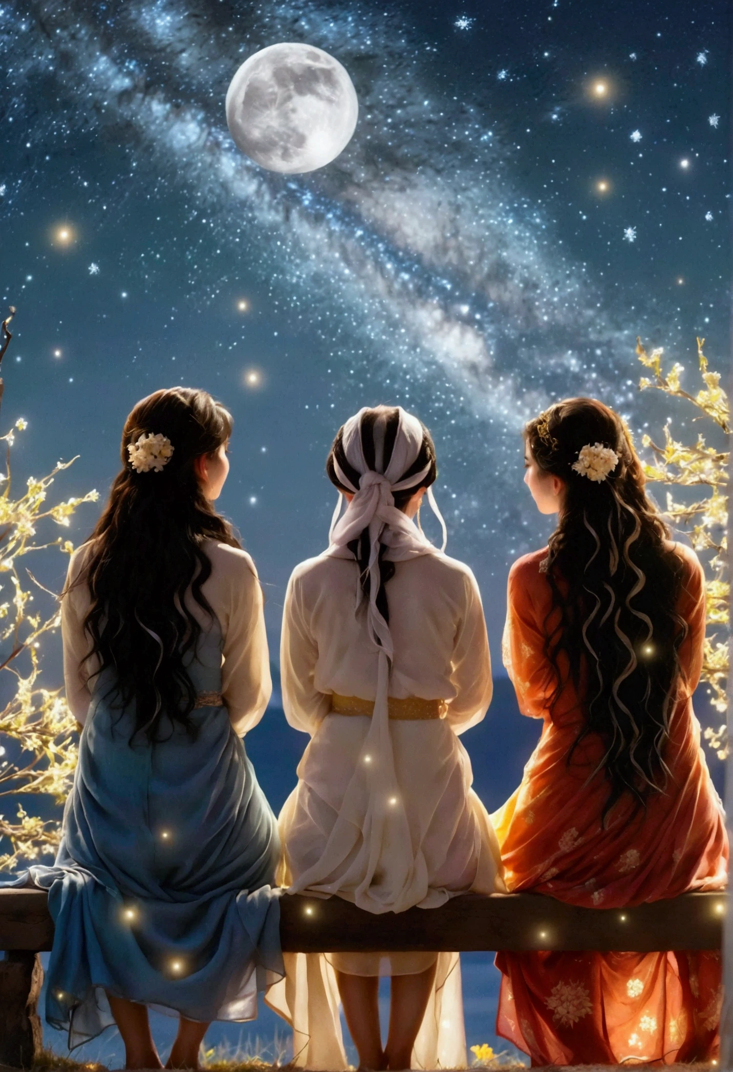 一个Full of tranquility的迷人夜景,Starry Sky,(Four women with different looks and personalities are sitting comfortably on a wooden bench:1.5),Talking passionately,(There are white girls,Asian Girls,Middle Eastern Girls and Hispanic Girls),(Look directly at the audience:1.9),The silver moon shone softly on them,The sky spreads out like velvet dipped in ink,Dotted with countless twinkling stars,These stars look like celestial gems scattered across the vast canvas of the universe.,The air around them is fresh,Full of tranquility,Filled with the quiet intimacy of their shared time,Their surroundings are bathed in the soft glow of the stars and the moon.,Providing just enough light to illuminate their faces and the intricate details around them