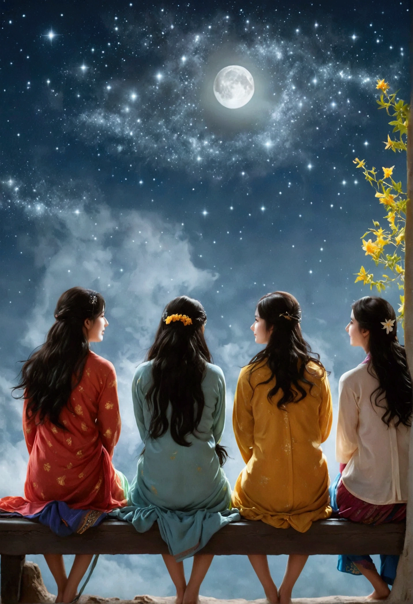 一个Full of tranquility的迷人夜景，Starry Sky，(Four women with different looks and personalities are sitting comfortably on a wooden bench:1.5)，Talking passionately，(There are white girls，Asian Girls，Middle Eastern Girls and Hispanic Girls)，(Look directly at the audience:1.9)，The silver moon shone softly on them，The sky spreads out like velvet dipped in ink，Dotted with countless twinkling stars，These stars look like celestial gems scattered across the vast canvas of the universe.，The air around them is fresh，Full of tranquility，Filled with the quiet intimacy of their shared time，Their surroundings are bathed in the soft glow of the stars and the moon.，Providing just enough light to illuminate their faces and the intricate details around them
