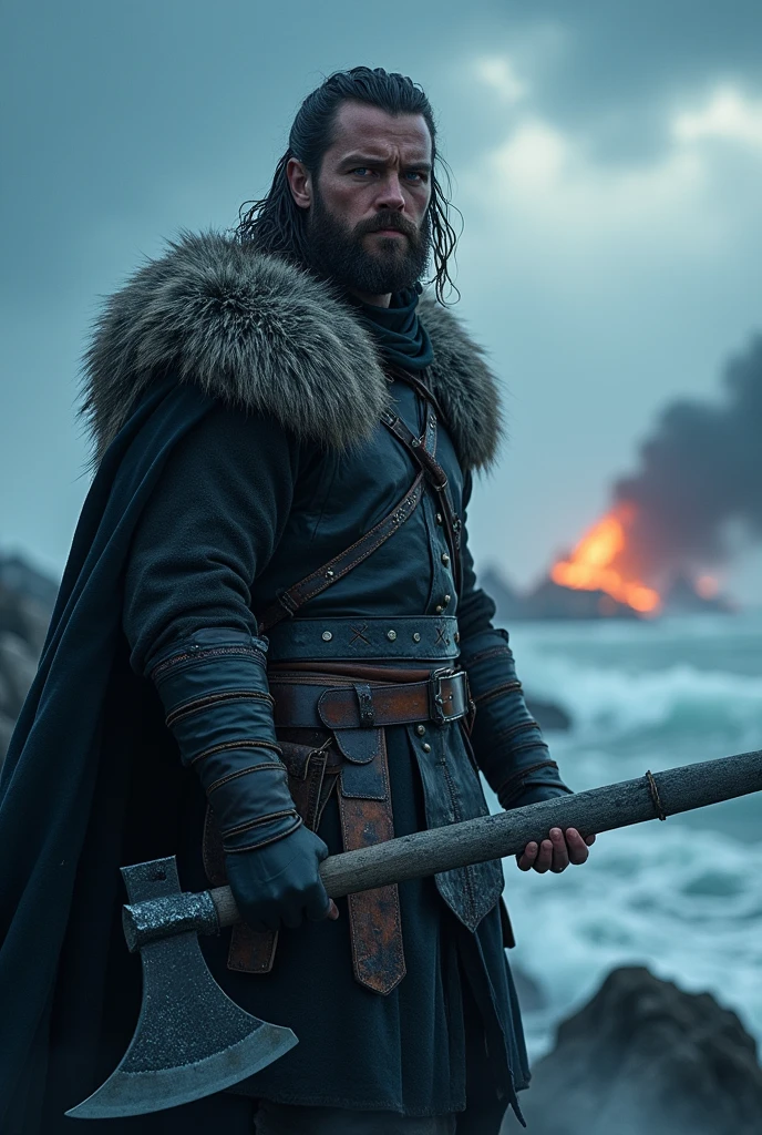 **Character Description: Thorvik, the Sea Wolf**
- **Human male, mid-30s**: Thorvik is not an animal or hybrid, but a fully human character.
- **Face**: Handsome with rugged features similar to Ian Somerhalder.
- **Eyes**: Piercing blue-white with supernatural intensity, like the Night King from *Game of Thrones*, glowing with vibrant red pupils.
- **Hair**: Dark, shoulder-length, partially braided in a Viking style.
- **Beard**: Medium-length, well-groomed with small braids.
**Physique**:
- **Build**: Athletic and muscular, similar to a Viking warrior.
- **Height**: Approximately 6'1" (185 cm).
**Attire**:
- **Armor**: Dark leather armor with metal accents.
- **Cloak**: Fur-trimmed cloak made from wolf pelts.
- **Jewelry**: Silver arm rings and necklace with runic engravings.
**Weapons**:
- **Primary Weapon**: Holding a decorated battle axe in one hand.
- **Additional Weapon**: Long sword visible, sheathed at his waist. Alternatively, he can hold a second axe or a shield.
**Pose**:
- **Stance**: Standing confidently, facing slightly to the side.
- **Hands**: One hand gripping the battle axe, the other either at his side or on his sword hilt (or holding a second axe or shield).
**Expression**:
- **Look**: Intense and determined.
- **Smirk**: Slight smirk suggesting confidence and danger.
**Background**:
- **Setting**: Stormy Nordic coastline with longships visible in the distance.
- **Sky**: Dark, brooding with flashes of lightning.
- **Mist**: Swirling mist partially obscuring the lower part of the image.
- **Additional Scene**: A village under Viking attack. Burning buildings, thick fog, and a dark, stormy sky. Vikings are pillaging and causing destruction. One Viking is laughing while holding a woman from the village.
**Key Focus**:
- **Eyes**: The supernatural eyes should be the most striking feature.
- **Human Appearance**: Emphasize the contrast between Thorvik’s fully human V