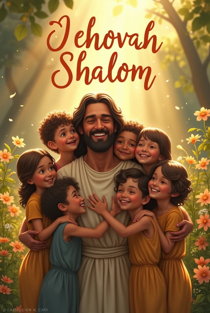 An image of children hugging Jesus, cheered up, with letters that say, jehova shalom