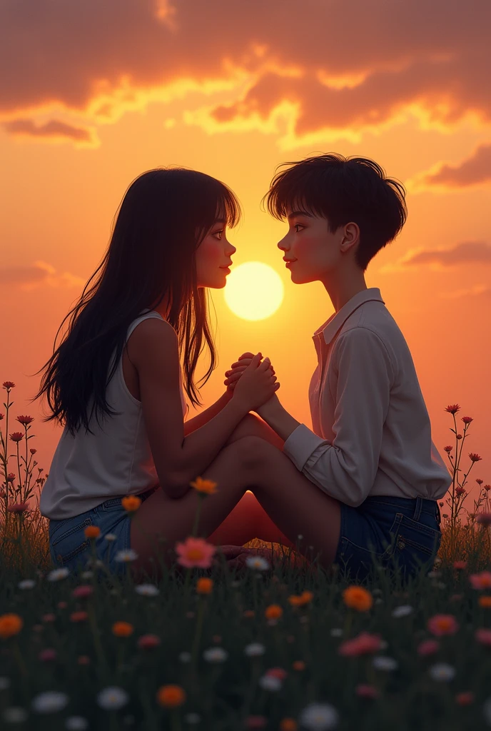 A couple of girls, a dark brunette latina, with straight black hair, and the other girl is white with black hair cut like a man with man features, hand holding, being in love, sitting watching the sunset. 