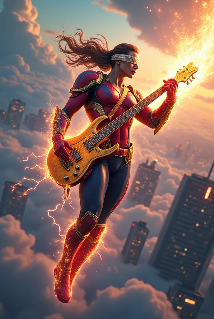 Marvel-like design Blindfolded hero Flying guitar