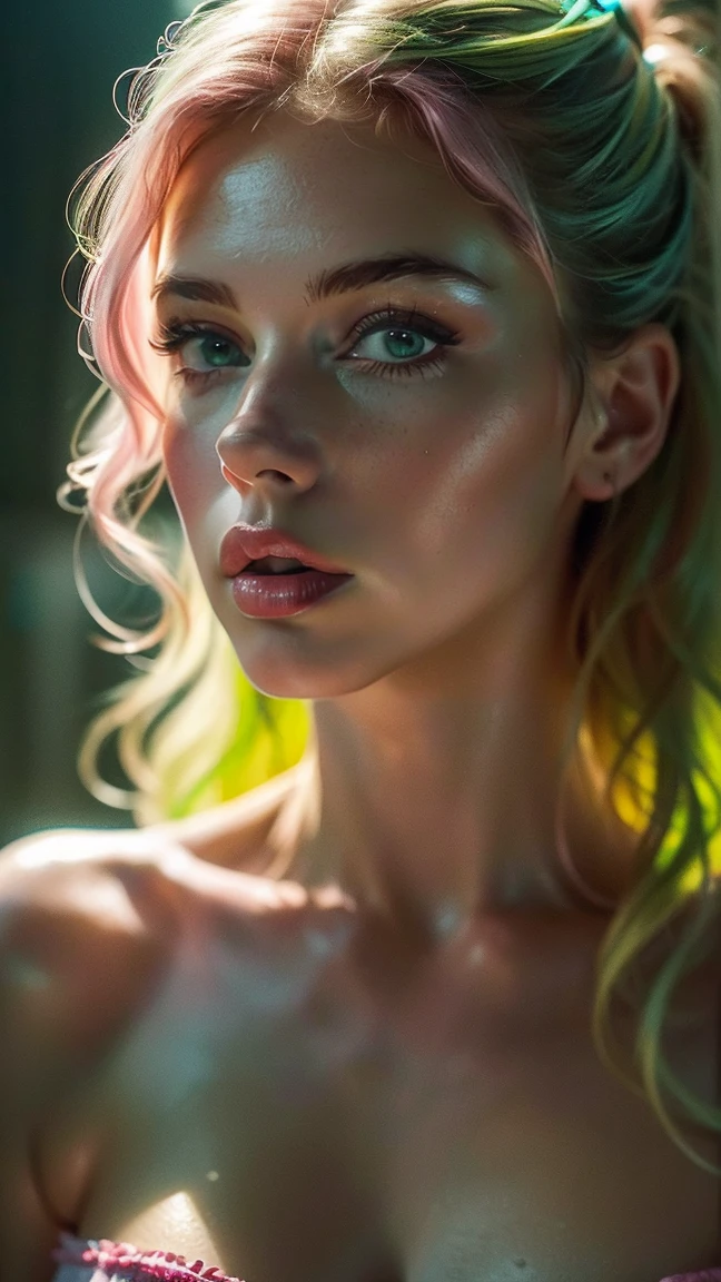 (((Ultra-realistic))) photograph, masterpiece, Highest quality, (Very white skin), (Highly detailed face and eyes.:1.3), 1 person, Adult, In white lingerie ((eye make up, Pink Mascara)), ((Big and thin lips)), ((Light green and pink wavy hair.)), ((Stylish hairstyle)) , (Natural Breasts), (Narrow waist). ((Pause)), photographshoot, (Sophisticated) on, (A game of light and shadow), Depth of written boundary, Bokeh, (special attention to leather details.: 1.2), Detailed leather texture, Skin pores. (Erotic atmosphere.. color combination: Turquoise, yellow, green, Ton), PhD, ((Film Grain)), ((Good heavens)), (Glare), ((Waist-up portrait)) , Super detailed,
