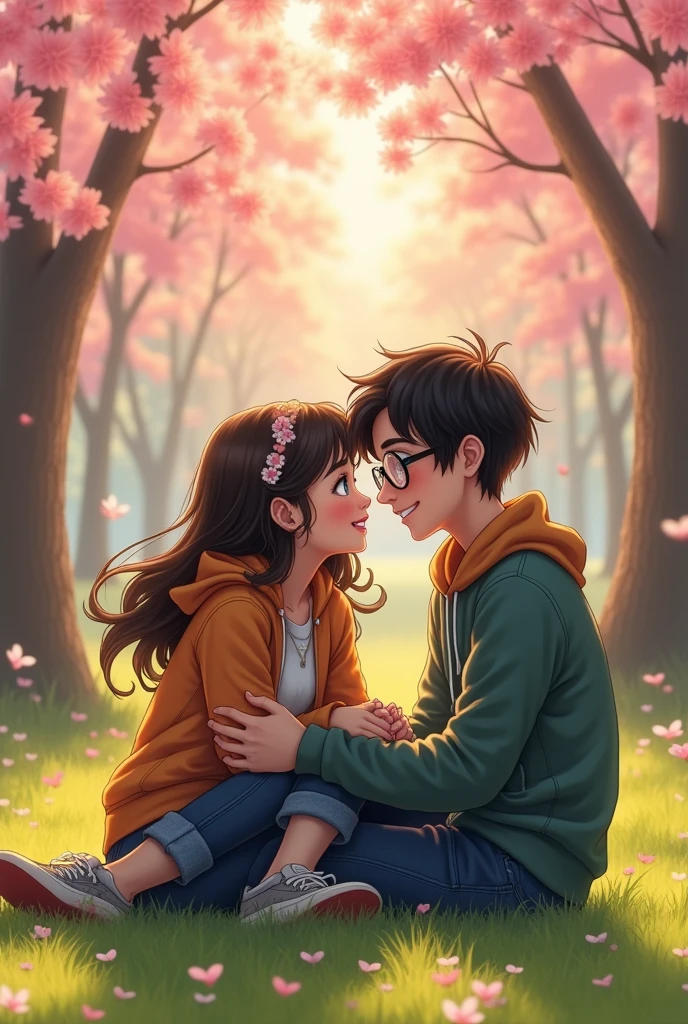 Make a picture of a blue-eyed girl with dark brown hair without a cap and a brown-eyed boy with black hair wearing glasses dressed casually showing love in anime in a park sitting and not looking like they are children