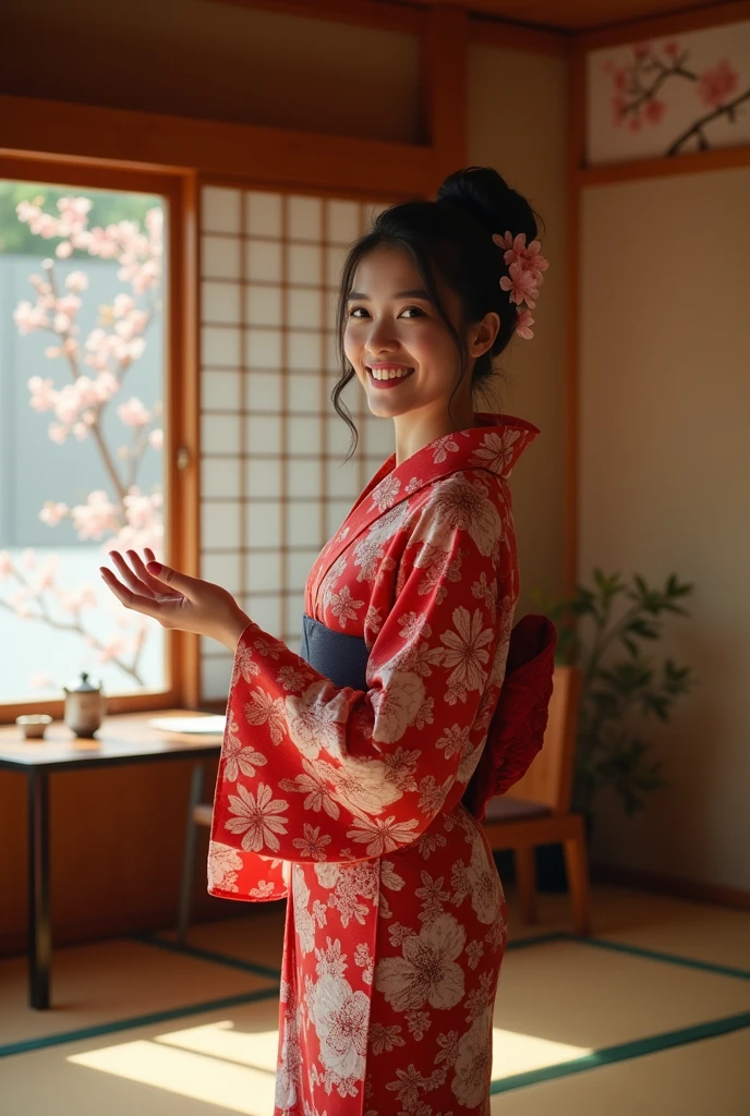 An attractive and cheerful foreign woman in a kimono invites you to have sex in a Japanese-style room