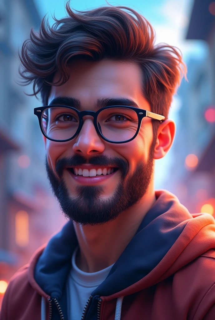 Young man with glasses ,slightly trimmed beard,PORTRAIT STYLE , a little smile and confidence, like game characters,
