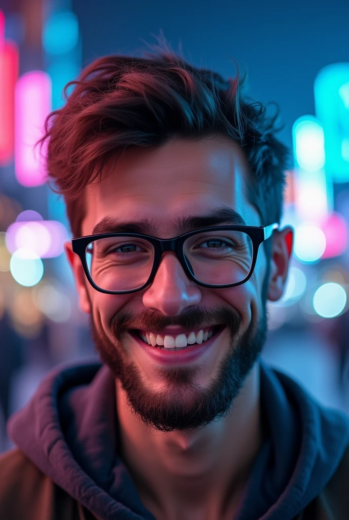 Young man with glasses ,slightly trimmed beard,PORTRAIT STYLE , a little smile and confidence, like game characters,