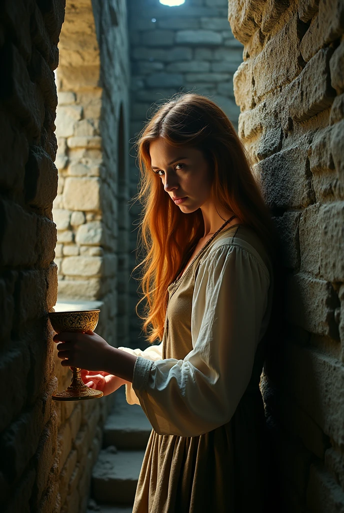photorealism:1.2), medieval woman in a castle cleaning a wall and willing to steal something else