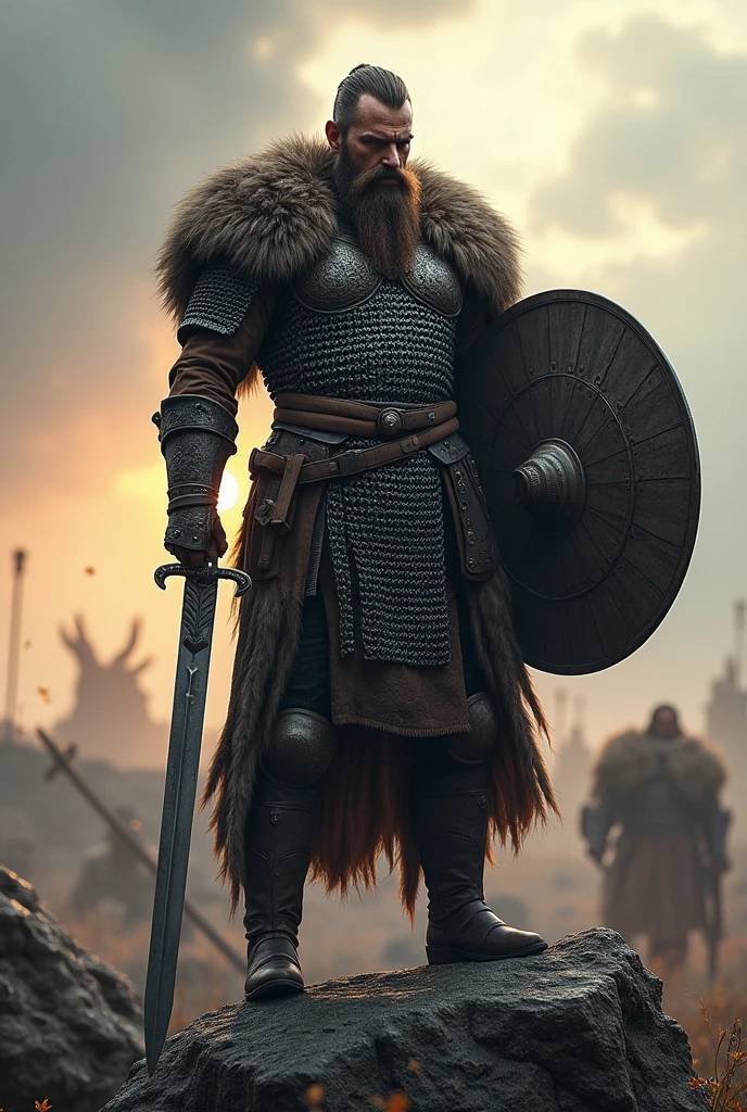 A viking warrior wearing full armor, standing on rock , battle field background, a viking sword in his hand, a viking shield on his other hand, real image