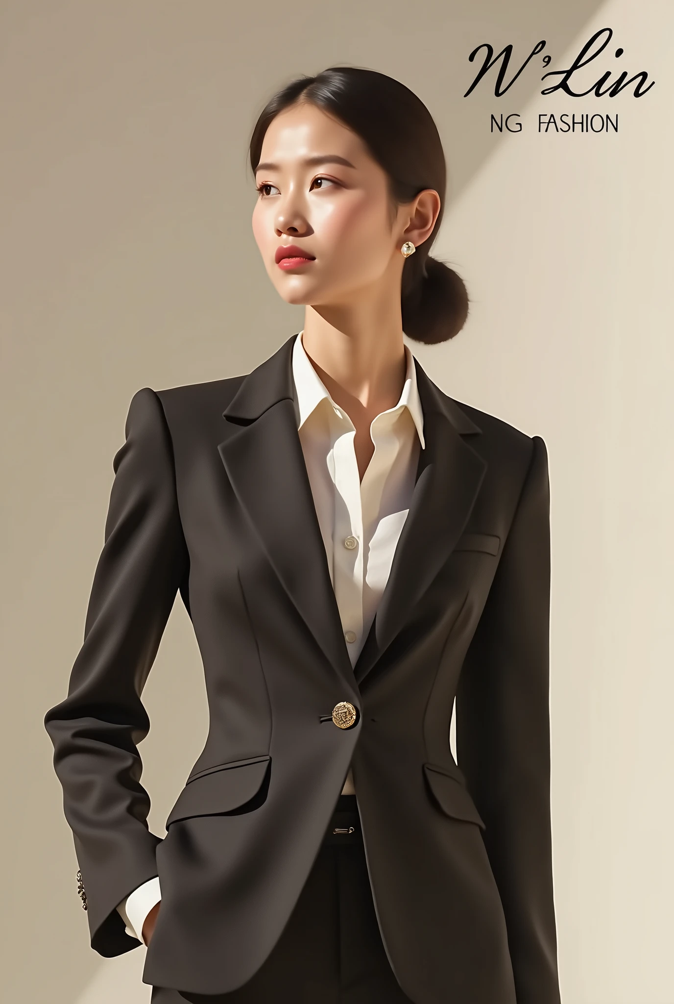 Create a fashion poster featuring a women's blazer as the main product, with the brand name 'N'Lin' prominently displayed in the image. The poster should exude elegance and sophistication, appealing to young women with a refined and trendy sense of style. Use a minimalist design with a clean background, focusing on the blazer's details and quality. The typography should be sleek and modern, and the placement of 'N'Lin' should be tasteful yet noticeable, reinforcing the brand's identity within the high-fashion market
