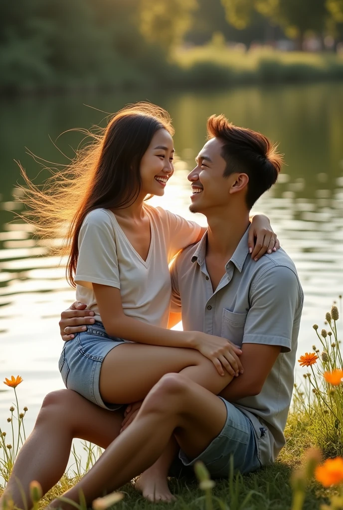 A beautiful Asian girl with long hair wearing casual clothes is sitting on the lap of a handsome Asian man on the edge of a beautiful lake