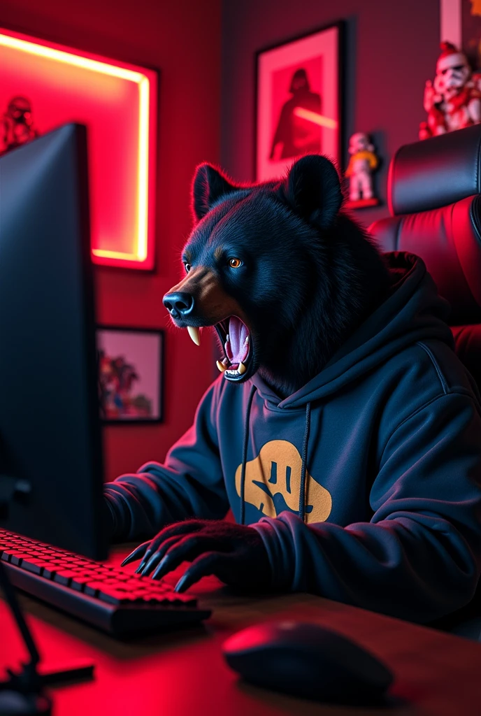 A black bear (animal) angry and growling while playing on his computer. Has a gamer office with red lights in the background. He is sitting in a gaming chair. He has a sweatshirt. Star Wars things for decoration. Estilo Ghostmix.