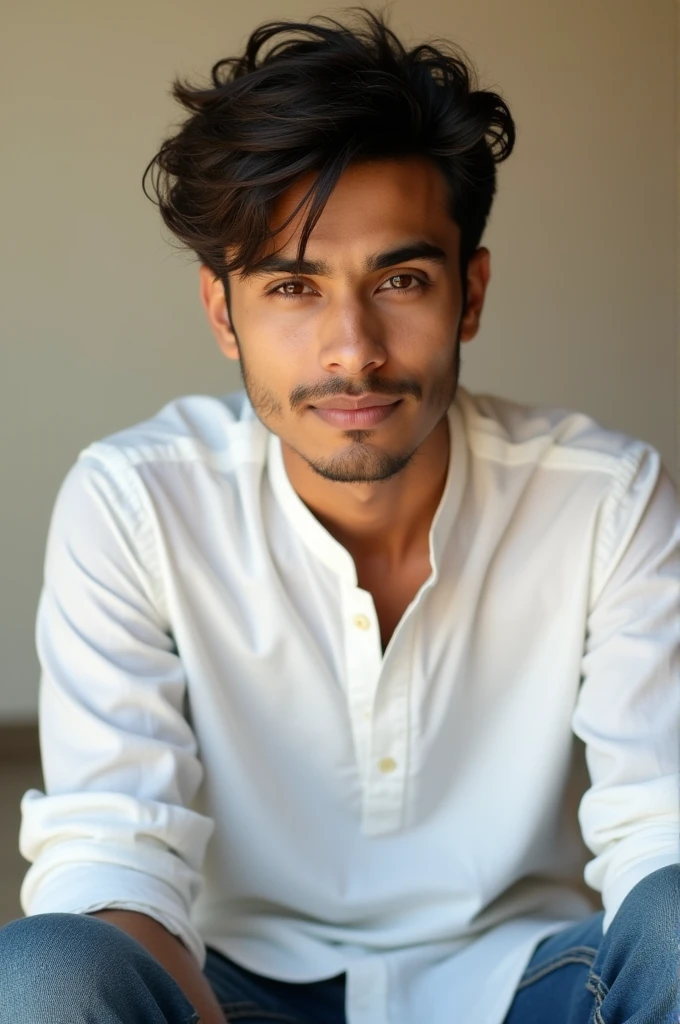 A young Indian male, likely between 18 and 22 years old, with a serious face looking at camera, dressed in casual college attire, possibly a plain white or light-colored kurta paired with worn jeans, sitting or standing in a simple, uncluttered background, with a subtle, warm smile that conveys a sense of approachability, his dark brown eyes cast downward, with a slight squint, as if lost in thought, his hair messy and unkempt, with a few stray strands falling across his forehead, his skin tone a warm, golden brown, with a slight scattering of light acne on his cheekbones, his nose slightly upturned, and his eyebrows thick and expressive, conveying a sense of innocence and freshness.