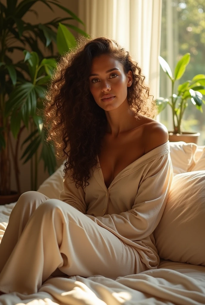 (photorealism:1.2), beautiful woman, sitting on bed, wearing loose off-shoulder top, pajama pants, long curly hair, indoors, soft lighting, plants in background, window with sunlight, cozy room, relaxed pose, realistic, intricate details, warm colors, by Greg Rutkowski, by Alphonse Mucha