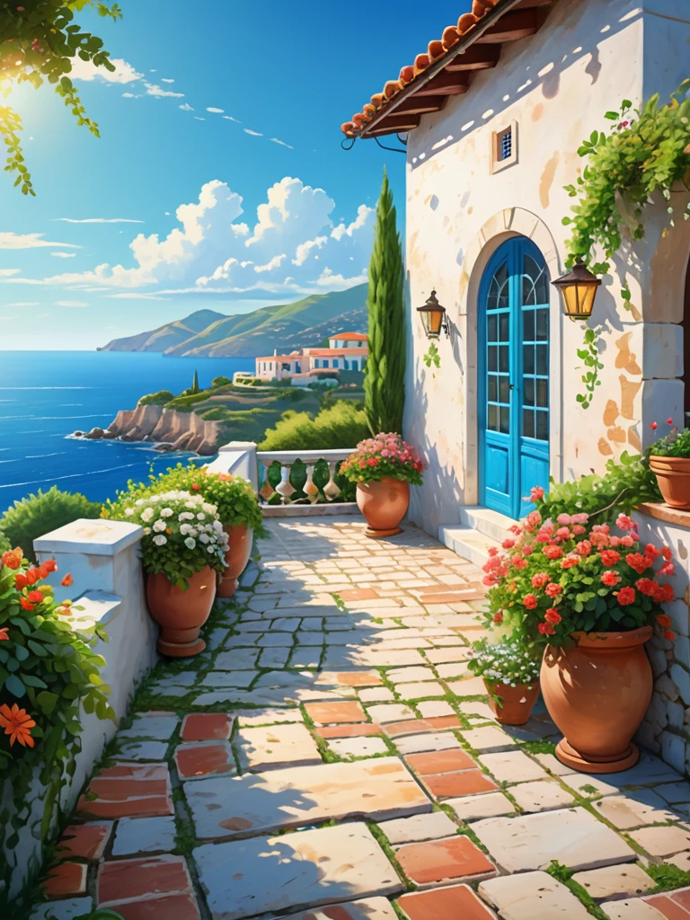 Create detailed digital painting anime style scene of a coastal Mediterranean villa nestled among lush greenery and colorful flowers. The villa features whitewashed walls, terracotta roof tiles, and large windows with blue shutters that overlook a serene blue ocean. Vines and blooming flowers cascade from the villa’s balcony and climb the stone walls, creating a harmonious blend of nature and architecture. The sun shines brightly, casting warm light on the cobblestone pathway leading to the villa, and illuminating the surrounding greenery. In the background, rolling hills and a tranquil sea stretch into the distance under a clear, blue sky. The scene should evoke a sense of peaceful beauty and the timeless charm of a coastal retreat.with detailed digital painting and vibrant yet soft colors 4k hd,, beautiful art uhd 4 k, a beautiful artwork illustration, beautiful digital painting, highly detailed digital painting, beautiful digital artwork, detailed painting 4 k, very detailed digital painting, rich picturesque colors, gorgeous digital painting, no human
