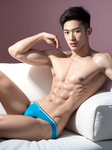 Handsome Asian, briefs, handsome asian guy, handsome boy, Full Body Shoot, full body, photoshoot, male underwear, briefs, portrait, look at camera, detailed facial parts, Manly, Charmer, Active Boy, lying back on sofa, sleep on sofa, harness, happy expression, perfect anatomy, symmetric body, asian boy 18years old, shirtless :: high detail, asian, 6packs, six pack, slim body, realistic, human skin, Short Hairstyle, handsome chad chin, shirtless, handsome, attractive, slightly muscular man, masculine, skinny, lean, lean muscle, attractive, human skin, (eyes contact), Handsome, Attractive, bulge in briefs, The crotch is raised, pastel background