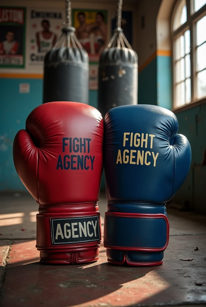 red and blue boxing gloves with FIGHT AGENCY written on top of the gloves