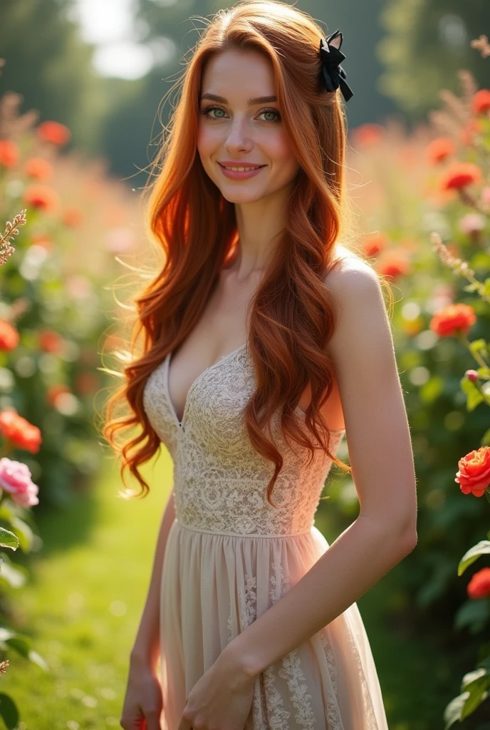 Realistic full body photo of a smiling redhead with long hair, She dances in front of the camera in a long A-line dress with straps made of shiny purple satin., Park,glamour fotoshooting, Wedding celebration, perfect anatomy, perfect green eyes. Perfect hands with 5 fingers on each hand, Matching girl, look into the camera, 1 Frau. (Eye make up:1.1), (highly detailed skin:1.1), spirit, analog style, keen focus, 8K UHD, dslr, good quality, Fujifilm XT3, Grain, Award-winning, masterpiece. Wedding celebration. She sits on a bench and shows her beautiful long dress. Beautiful shoes