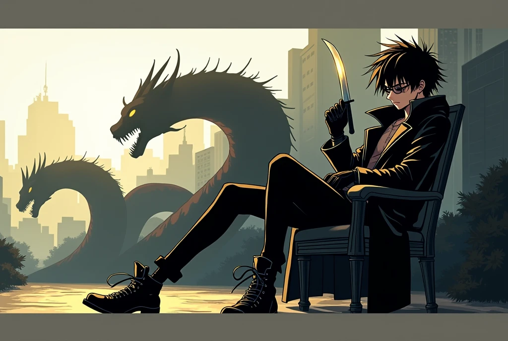 ((illustration)), (best quality)), ((masterpiece)), (detailed), ager, 1male, black hair, jacket, black gloves, coat, sunglasses, leather, solo, anime, city, night, flat color, demons, snakes, monsters, chair, holding knife, glowing eyes,