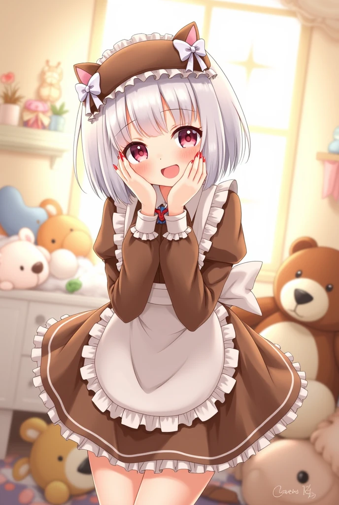 You can generate an anime character with the characteristic of short white hair with bows in the hair and a brown kitty hat. , with a happy expression but.tender and her brown maid outfit, It has some teddy bear decorations .