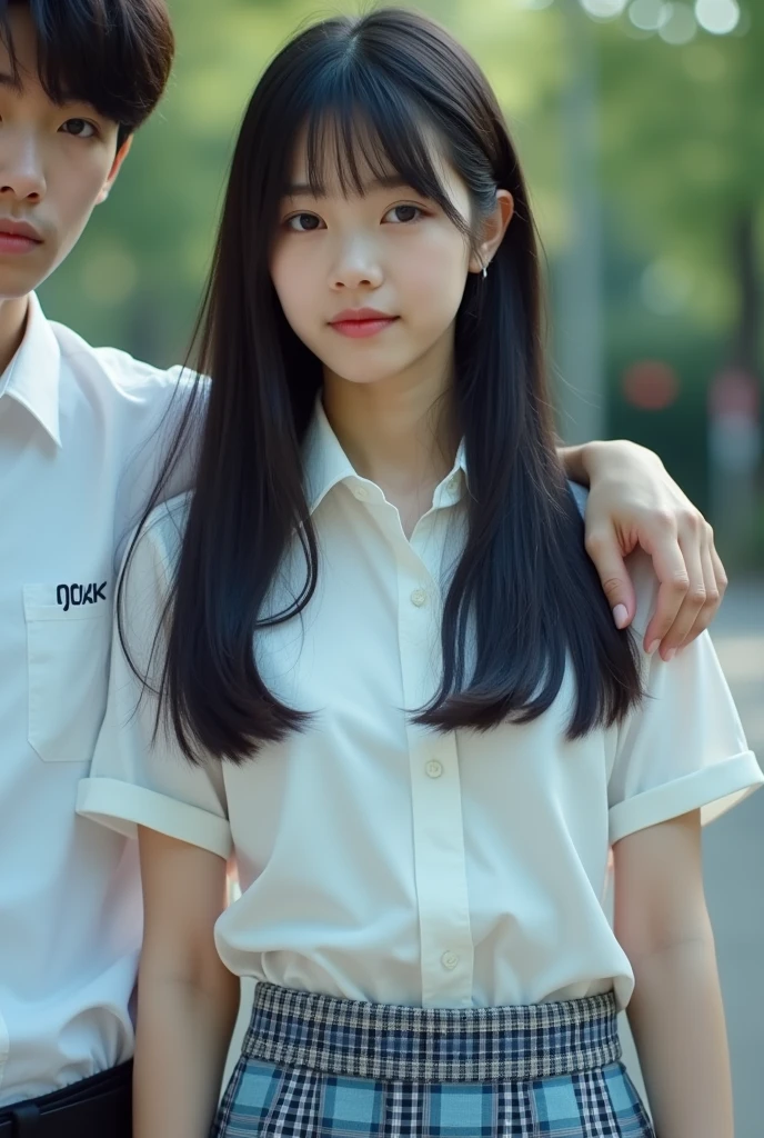 A Japanese high school girl with straight black hair and a boy with his hand on his shoulder. A picture that looks like a photograph.。
The uniform is a white shirt。
The skirt is checkered in light blue, navy blue, and gray.。
The length of her skirt is shorter than above the knee, her hair is long enough to reach her waist, her bangs are neatly trimmed and cover her eyebrows, she looks like a member of Nogizaka 46. She is seen from the right diagonal, her height is 180cm.。
Model-like, both of their faces are visible, so it&#39;s almost like a photograph