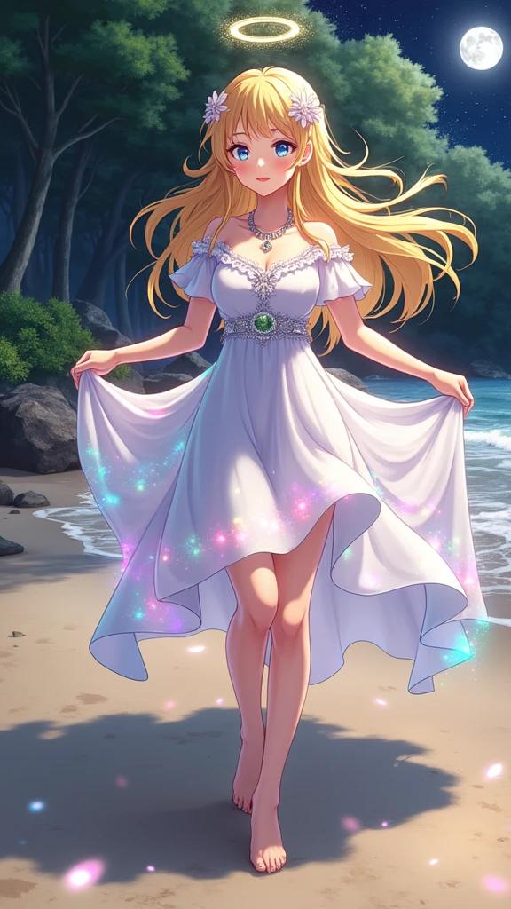 (masterpiece、Highest quality、8k、High resolution)、One female、(Beautiful Face、Beautiful Face)、Beautiful eyes、Beautiful lips、Beautiful nose、Blonde Hair、(The best girl in anime)、Sandy beach with a view of the forest、A bright night with stars visible、full moon、milky way、体whole bodyから神秘的な光の粒子、Colorful light particles、A mysterious light glowing around the head、melt、jewelry、necklace、dress、(whole body)、Highly detailed anime art、A complete portrayal、