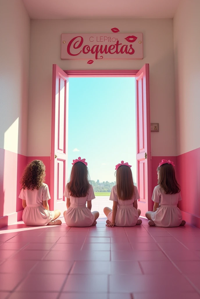(photorealism:1.2) 
In a pink and white classic school hallway, At the end of the hallway there's a pink big school open door that leads to the school yard, A sign that reads the words "Colegio Coquetas" is over that door, and many drawings of 💋 can be seen on the walls, there are four -yeld seschoolgirls, white skin, wearing sexy pink see through schoolgirls costumes. Bother girls are standing at the door at the end of the hallway in a very sexy pose. 
View: Over the shoulder perspective photo, 
high resolution, masterpiece, best quality, intricate details, highly detailed, Hiperrealistic