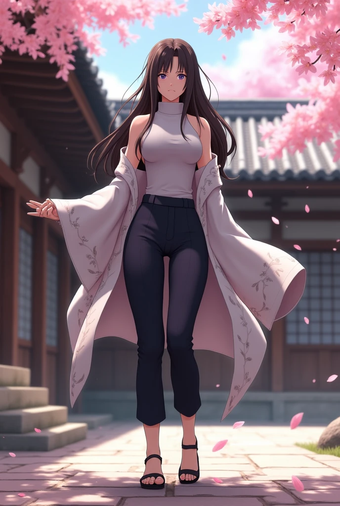 Create a 3D image of adult Hanabi Hyuga from Naruto. She has long, dark brown hair that flows down her back, with a more mature and refined appearance. Her pale lavender eyes are calm yet vigilant, showcasing her mastery of the Byakugan. Hanabi wears a sleek, dark-colored ninja outfit that blends traditional and modern elements—a fitted, high-collared sleeveless top paired with dark pants and shinobi sandals. Over her outfit, she has a light, short-sleeved kimono-style jacket with subtle Hyuga clan patterns, signifying her status within the clan. She stands confidently, one hand raised in front of her as if ready to activate the Gentle Fist technique, with her other hand prepared for precise strikes. The background is a tranquil Hyuga clan courtyard, surrounded by traditional wooden buildings and cherry blossoms gently falling, adding to the serene yet powerful atmosphere