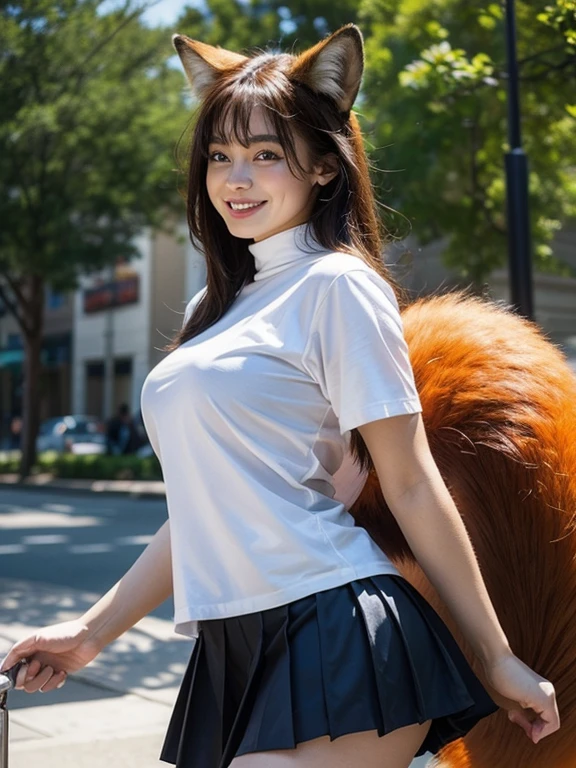 ((Highest quality, 8k)), ((masterpiece)), (Highest Resolution), Perfect Face, Fox Woman, Female college student, Beautiful woman, Outdoor, Only one tail, she has thick thighs, Her large tail, She has an orange fox tail, She wags her tail, Smiling with teeth showing, Fur collar, She's wearing a shirt and a short skirt., Plump Breasts, Beautiful Hips , A fox tail sticks out from the skirt.