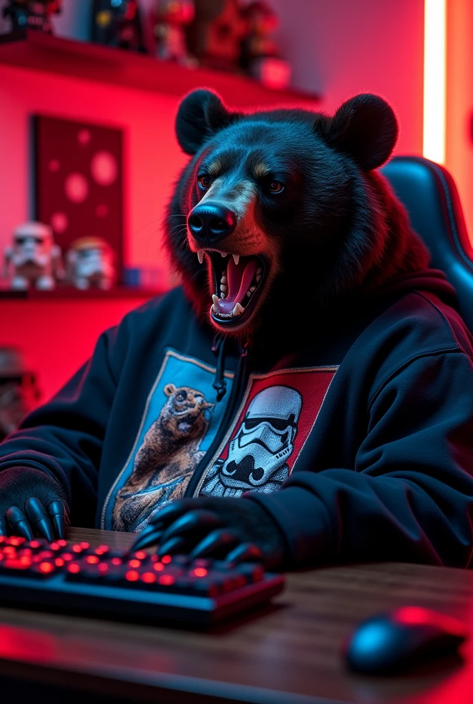A black bear (animal) angry and growling while playing on his computer. Has a gamer office with red lights in the background. He is sitting in a gaming chair. He has a sweatshirt. Star Wars things for decoration. Estilo Ghostmix.
