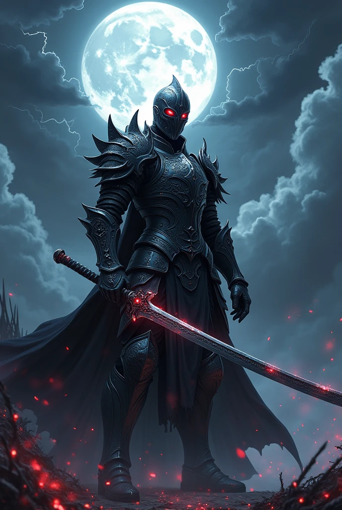 Create an anime knight with dark powers with a katana releasing dark aura