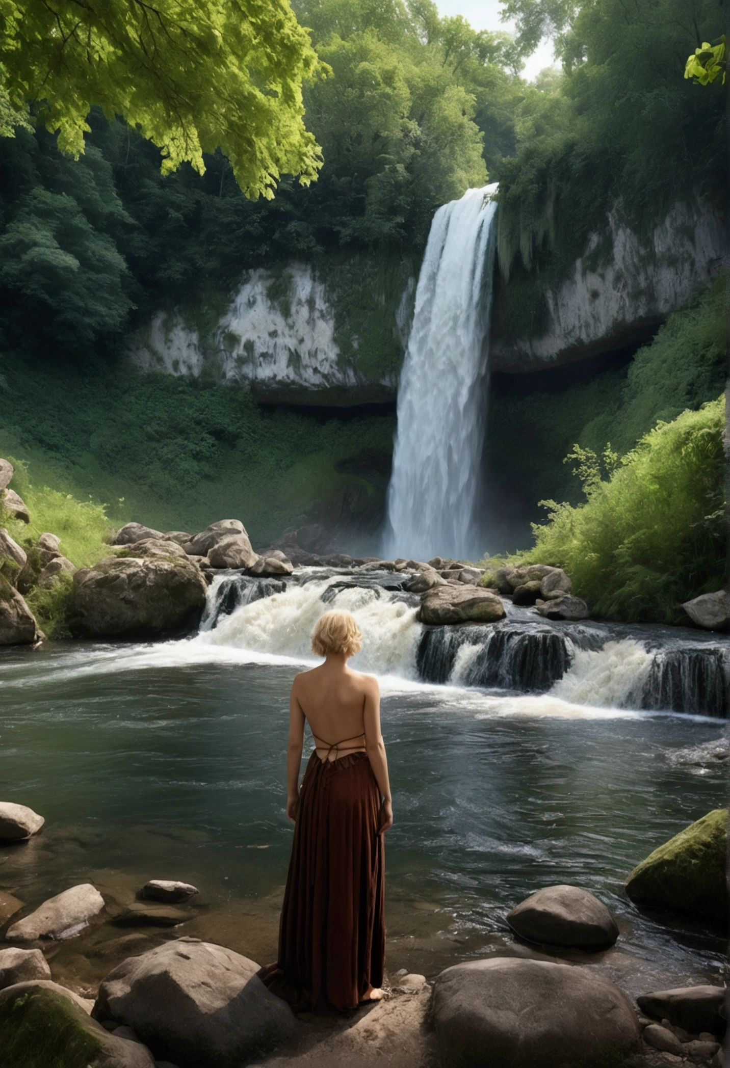 Wide scene of a waterfall and a river in the forest. On the river bank you can see a change of medieval clothes belonging to a traveler.. in background, Inside the river you can see a naked blonde woman with short hair bathing near the waterfall. cinematic style, absolute sharpness, 8k image (masterpiece).