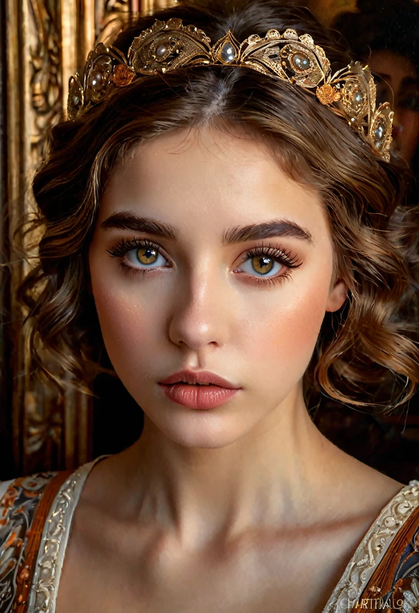 1girl, beautiful detailed eyes, beautiful detailed lips, extremely detailed face, long eyelashes, elegant, french art nouveau, warm colors, realistic, highly detailed, intricate, masterpiece, best quality, 8k, photorealistic, cinematic lighting, dramatic lighting, chiaroscuro, oil painting, portrait, fine art, museum quality, ornate, intricate details