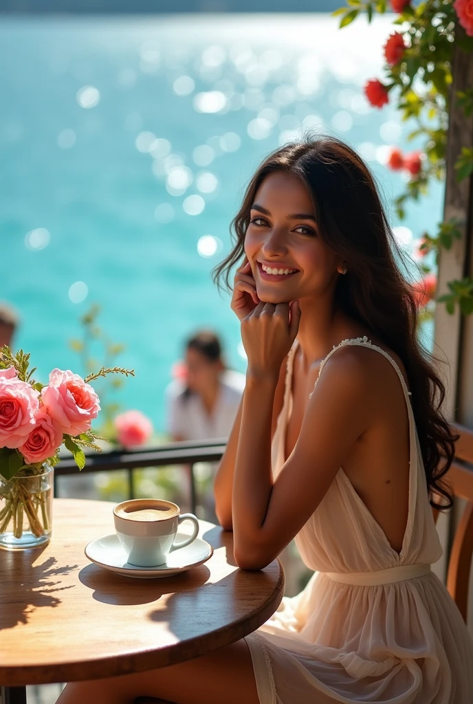 very young sweet Indian woman in a transparent short summerdress in italy ,sitting in a cafe,drinking cafe, at the sea,very cute sweet smile