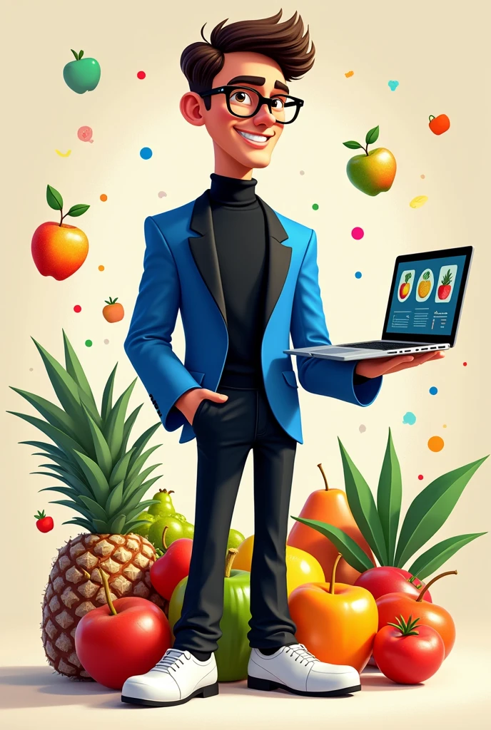 Create a Disney Pixar character of a man with short hair on the sides, black frame glasses, Black turtleneck long sleeve sweater and a royal blue blazer with a black lapel, black pants, Alexander McQueen white shoes, In his hand he must have a green apple and in the other hand an open laptop. The character is a fusion between graphic design and nutrition careers.