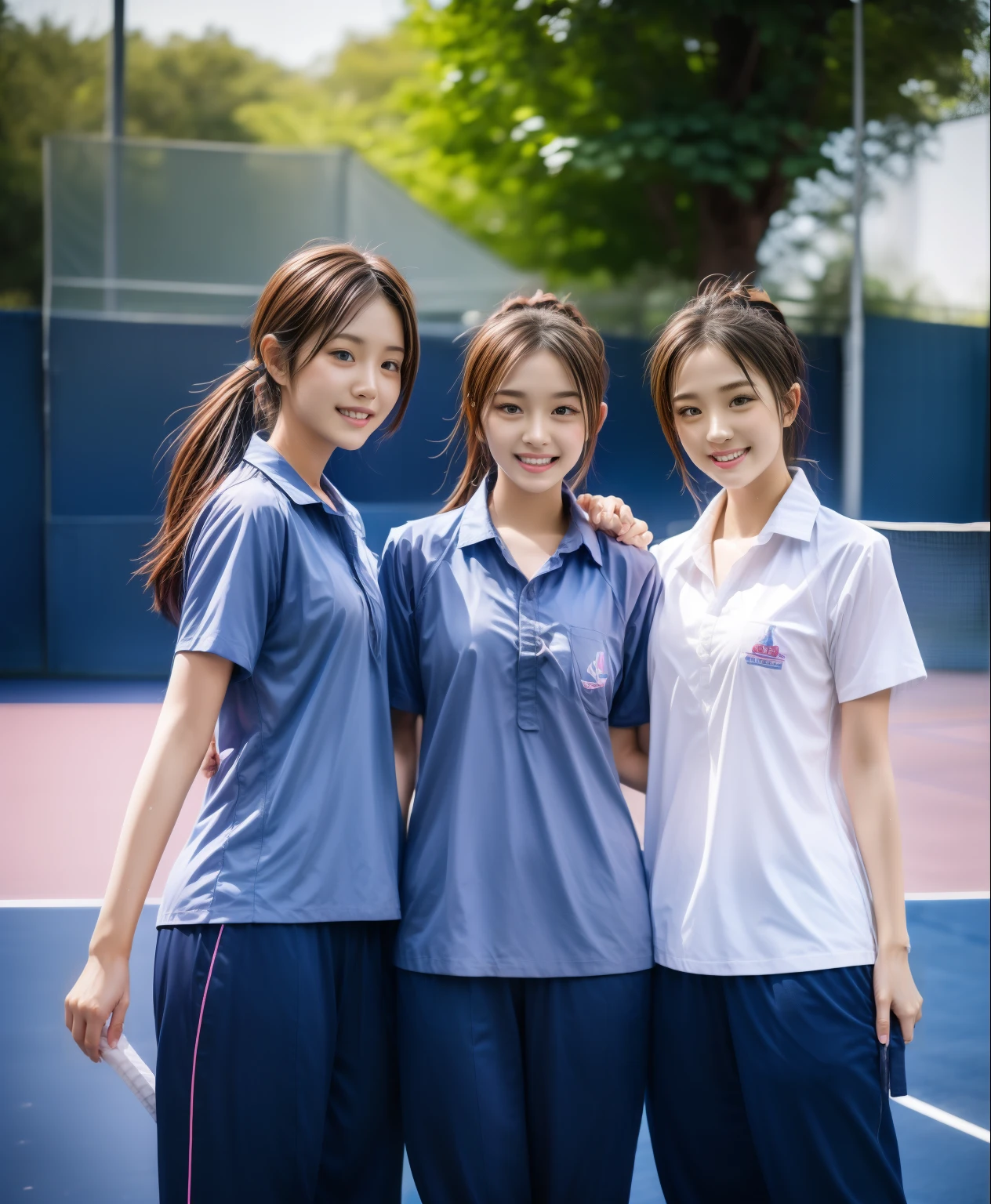 3 girls play tennis at tennis courts, Navy blue short-sleeved shirt,Navy Long Trackpant,Sweatpants, Sweatpantsขายาว,25 year old girl, lesbian, sexy, exercise clothes, wet body, exercise clothes