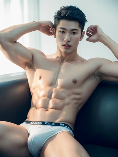 Handsome Asian, briefs, handsome asian guy, handsome boy, Full Body Shoot, full body, photoshoot, male underwear, briefs, portrait, look at camera, detailed facial parts, Manly, Charmer, Active Boy, lying back on sofa, sleep on sofa, harness, happy expression, perfect anatomy, symmetric body, asian boy 18years old, shirtless :: high detail, asian, 6packs, six pack, slim body, realistic, human skin, Short Hairstyle, handsome chad chin, shirtless, handsome, attractive, slightly muscular man, masculine, skinny, lean, lean muscle, sexually attractive, human skin, (eyes contact), Handsome, Attractive, bulge in briefs, The crotch is raised, pastel background