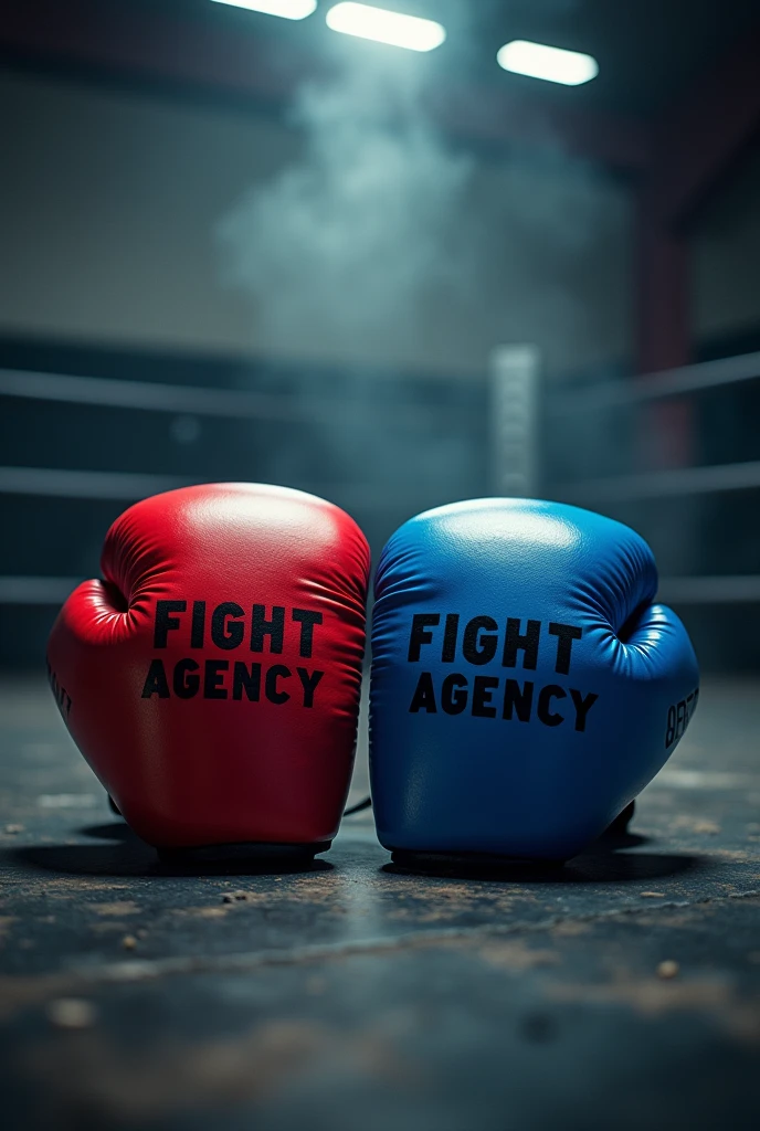 written FIGHT AGENCY on top of the red and blue boxing gloves
