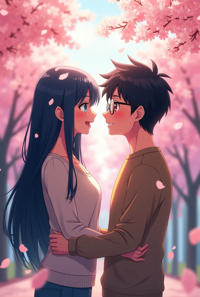 drawing, anime couple. Woman with long navy blue hair and man with glasses with short black hair