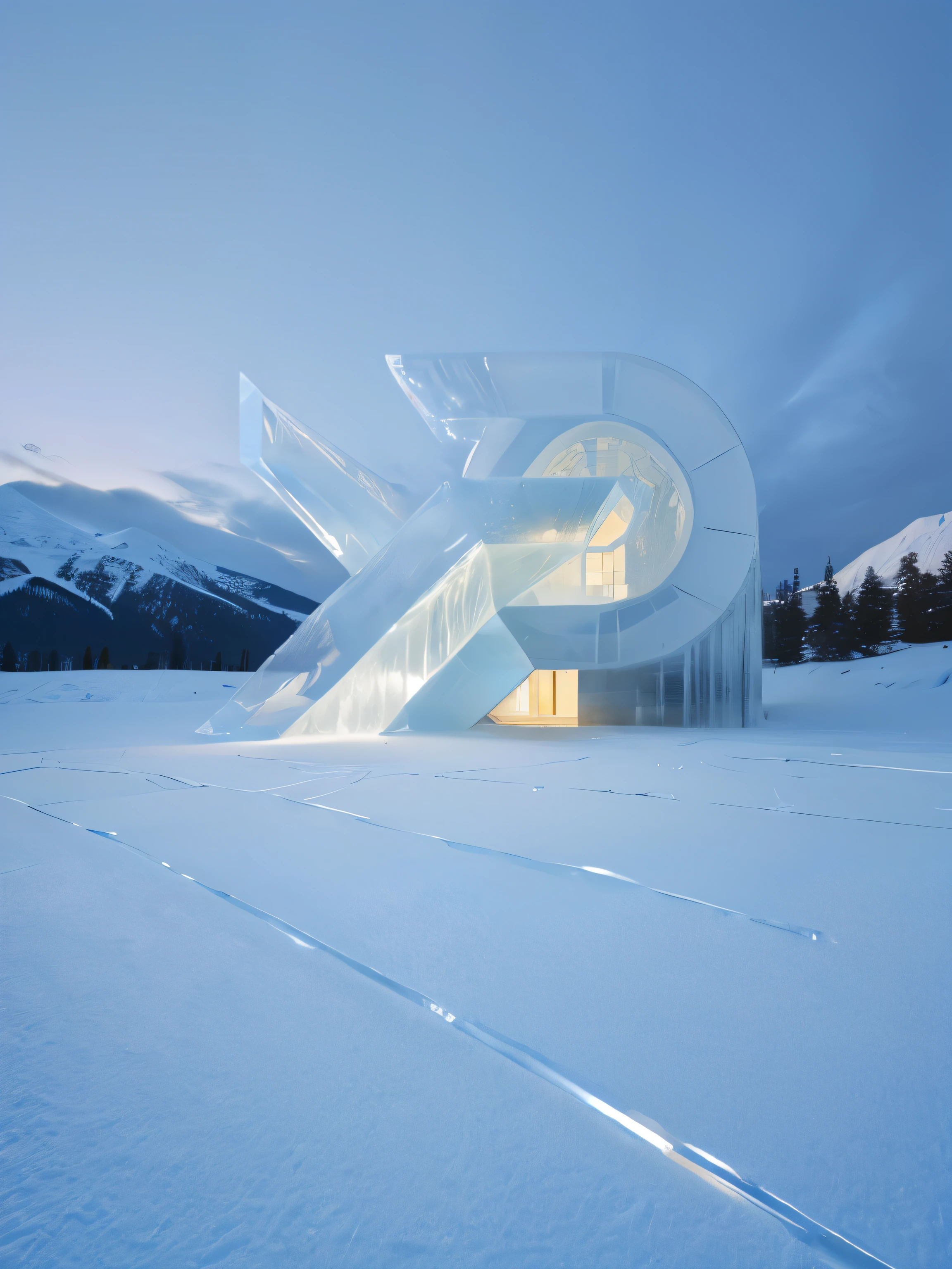 Ice cubes,a huge art building on the mountain,ice,night,warm light,permeability