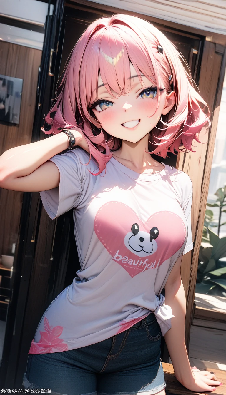 ((最high quality, 8k, masterpiece)), High resolution、(high quality: 1.5)、Very detailed、Detailed face、Bright colors、Natural light、Fine grain、Colorful eyes、Beautiful Face、Highly detailed face texture of a woman,masterpiece, 最high quality, Detailed and beautiful eyes,最high quality、Best image quality、masterpiece,girl,smile,From below,grin,(Brat),Pink Hair,Cute clothes,Printed shirt,Shorts,Just beautiful,masterpiece,(laugh at),最high quality、so beautiful,High resolution,1girl, solo,(masterpiece:1.2)、(最high quality:1.2)、Latest Glossy Skin